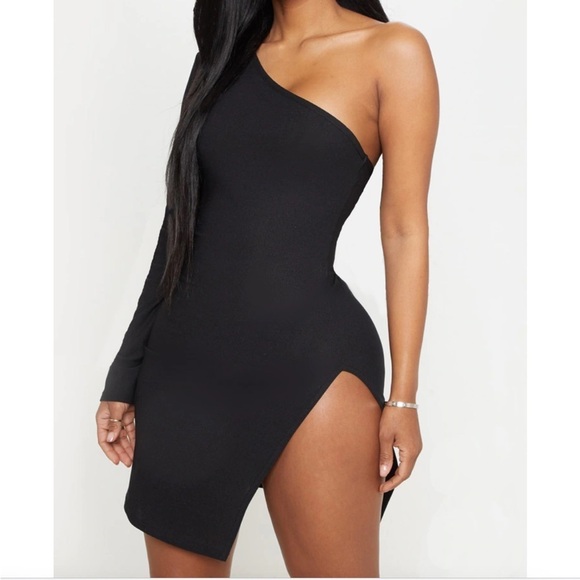 PRETTY LITTLE THING-NWT Shape Black One Shoulder Split Bodycon Dress Size 10 - Picture 1 of 6